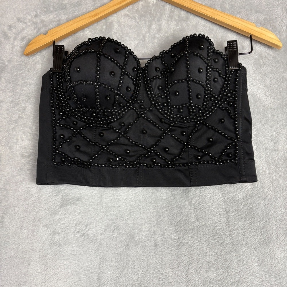 Black Beaded Corset Bustier Top‎ Strapless Boned Festival Party Baddie